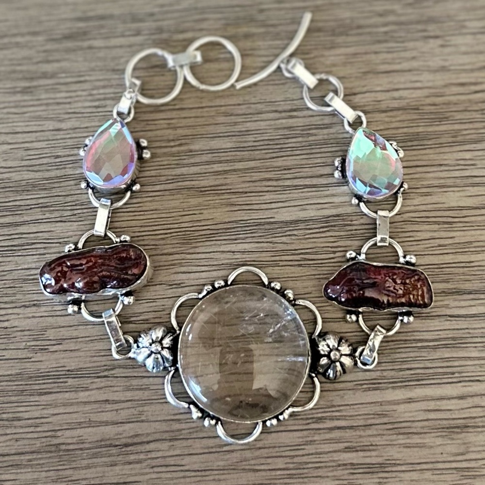 Hand Crafted Silver Bracelet with Iridescent Teardrops and Brown Stone Accents